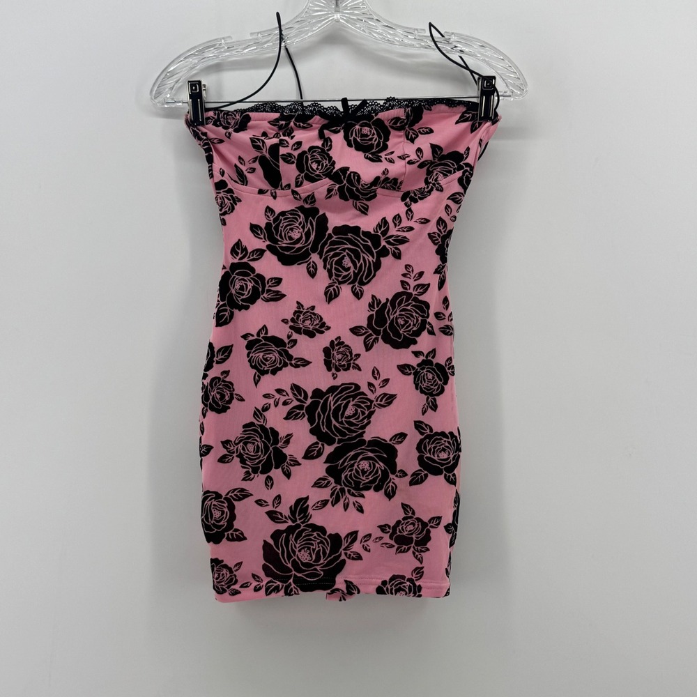 New Pink Black Velvet Flocked Floral Mesh Strapless Mini Dress Pink Size M